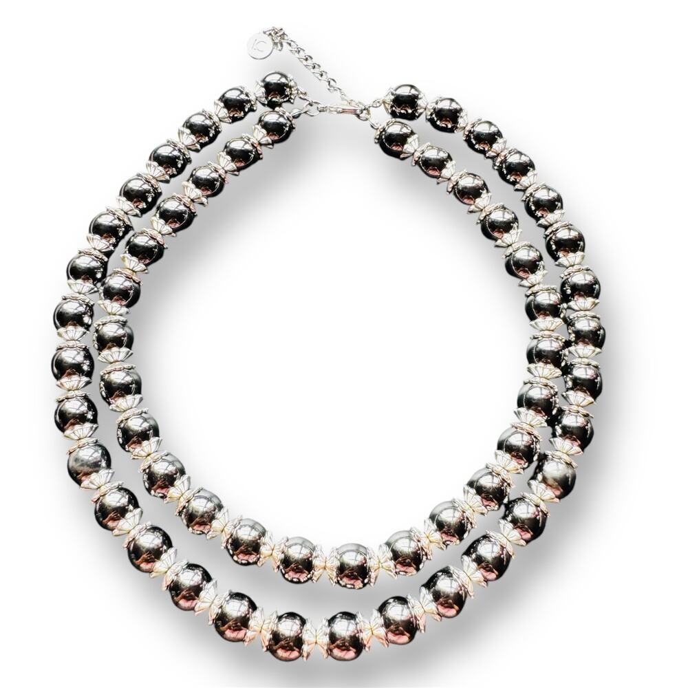 LC Two Layered Black Beaded Necklace Silver Plated Spacer Signed Liz Claiborne